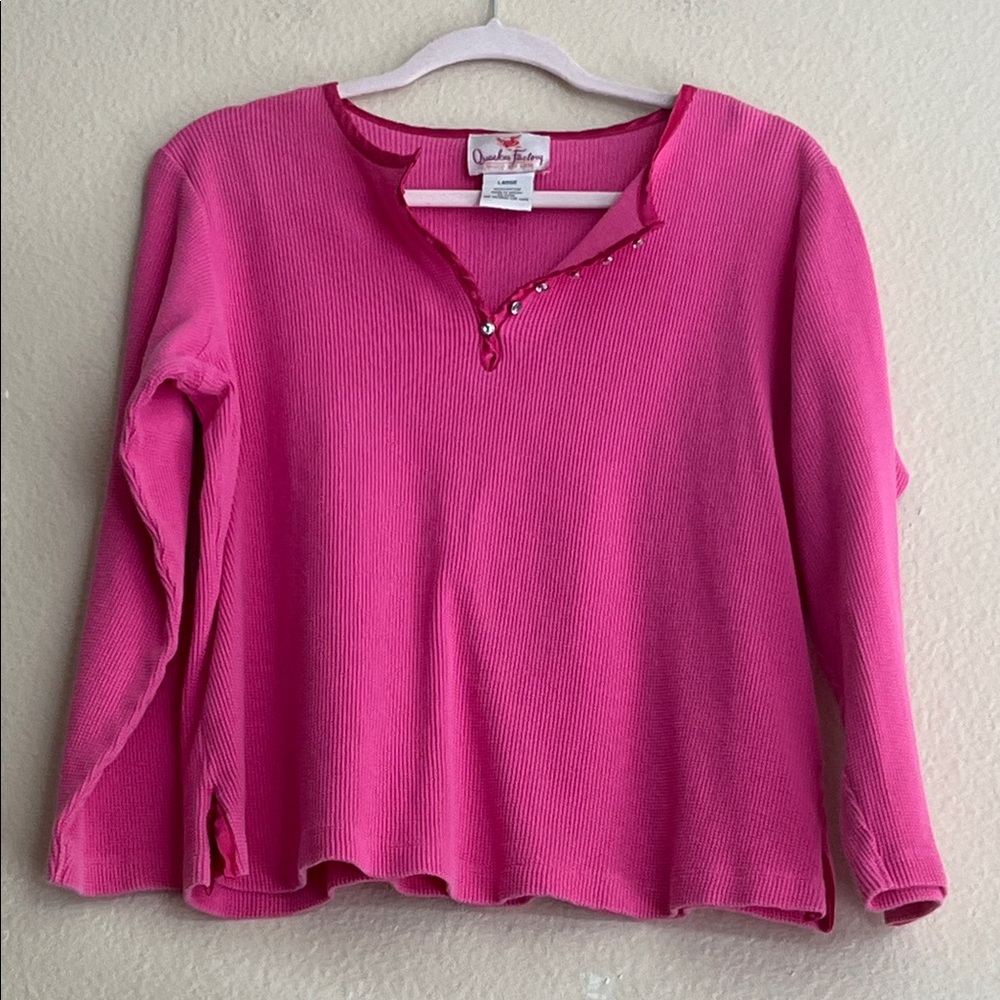 Quacker Factory Long Sleeve 100% Cotton Henley with Bling Buttons, Size Large